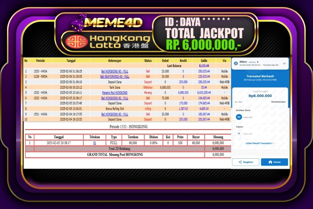 Bukti Jp MEME4D Togel Online 06 Februari 2025