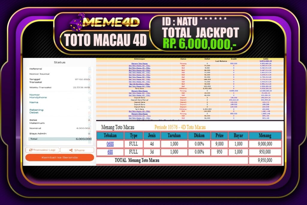 Bukti Jp MEME4D Togel Online 08 Februari 2025