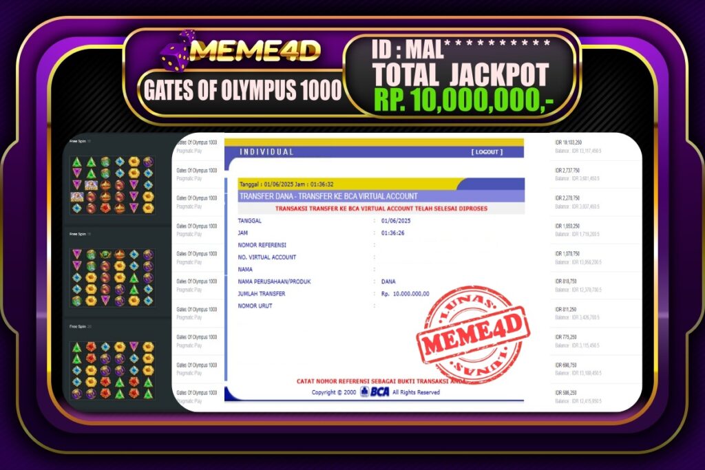 Bukti Jp MEME4D Slot Online 01 Juni 2025