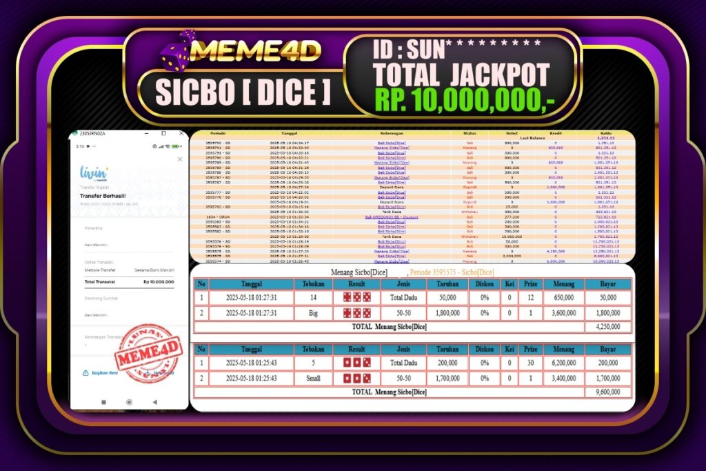 Bukti Jp MEME4D Casino Online 18 Mei 2025