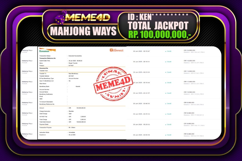 Bukti Jp MEME4D Slot Online 30 Juni 2025