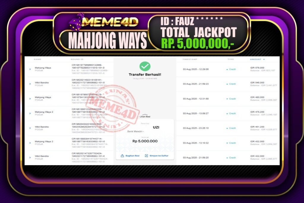 Bukti Jp MEME4D Slot Online 04 AGUSTUS 2025