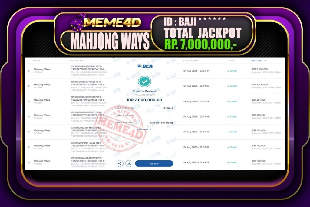 Bukti Jp MEME4D Slot Online 04 AGUSTUS 2025