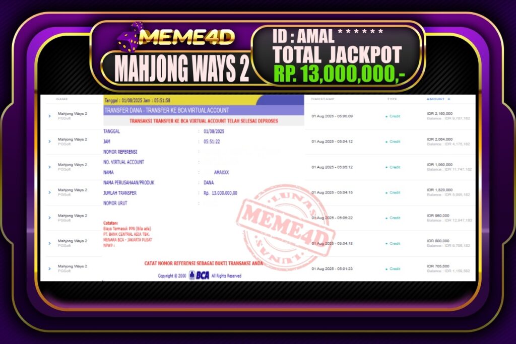 Bukti Jp MEME4D Slot Online 01 AGUSTUS 2025
