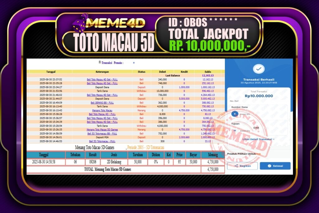 Bukti Jp MEME4D Togel Online 31 Agustus 2025