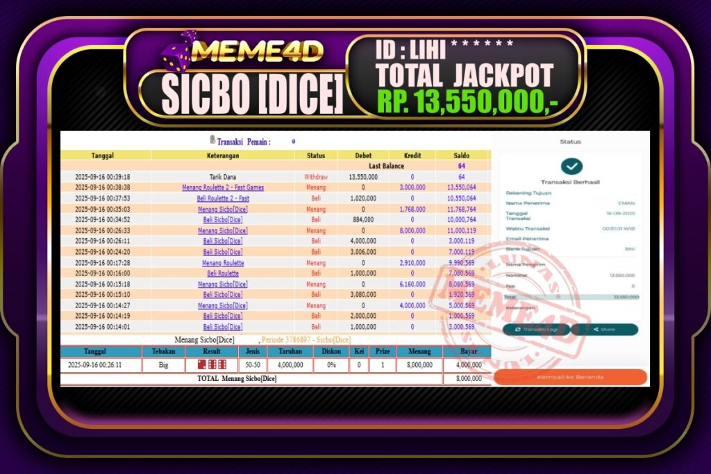 Bukti Jp MEME4D Casino Online 16 September 2025