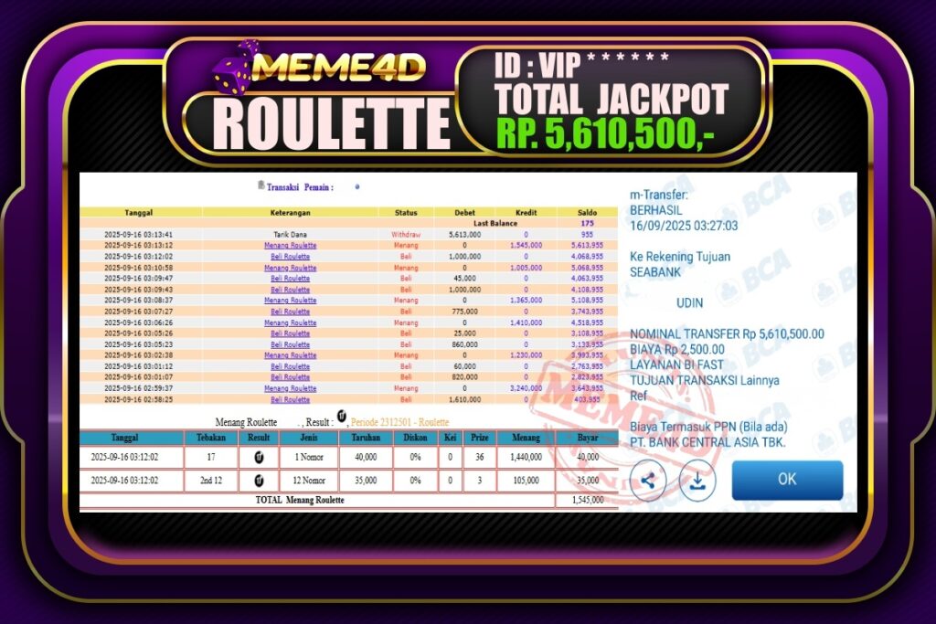Bukti Jp MEME4D Casino Online 16 September 2025