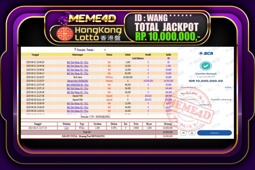 Bukti Jp MEME4D Togel Online 01 September 2025