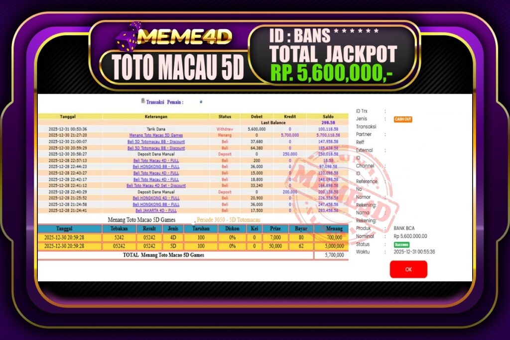 Bukti Jp MEME4D Togel Online 31 Desember 2025
