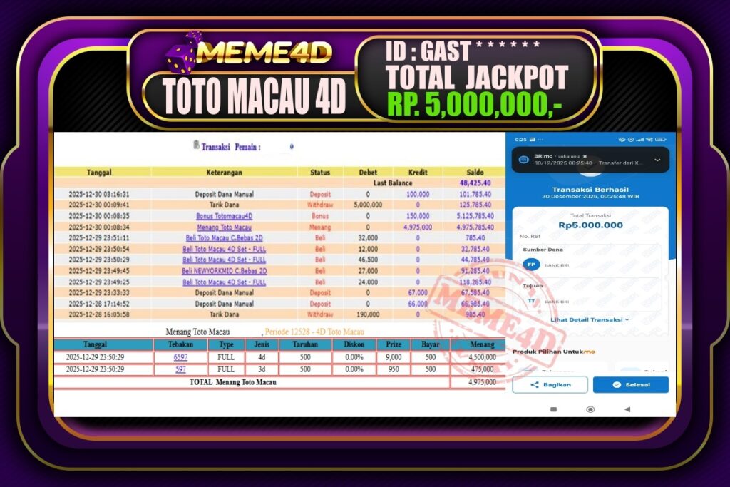 Bukti Jp MEME4D Togel Online 30 Desember 2025