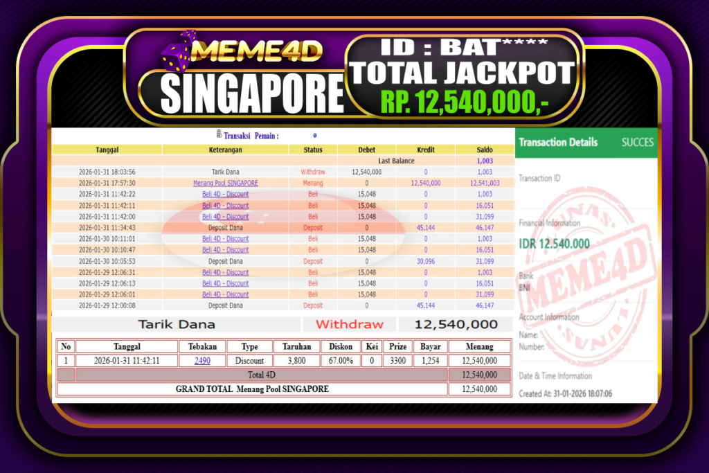 Bukti Jp MEME4D Togel Online 31 Januari 2026