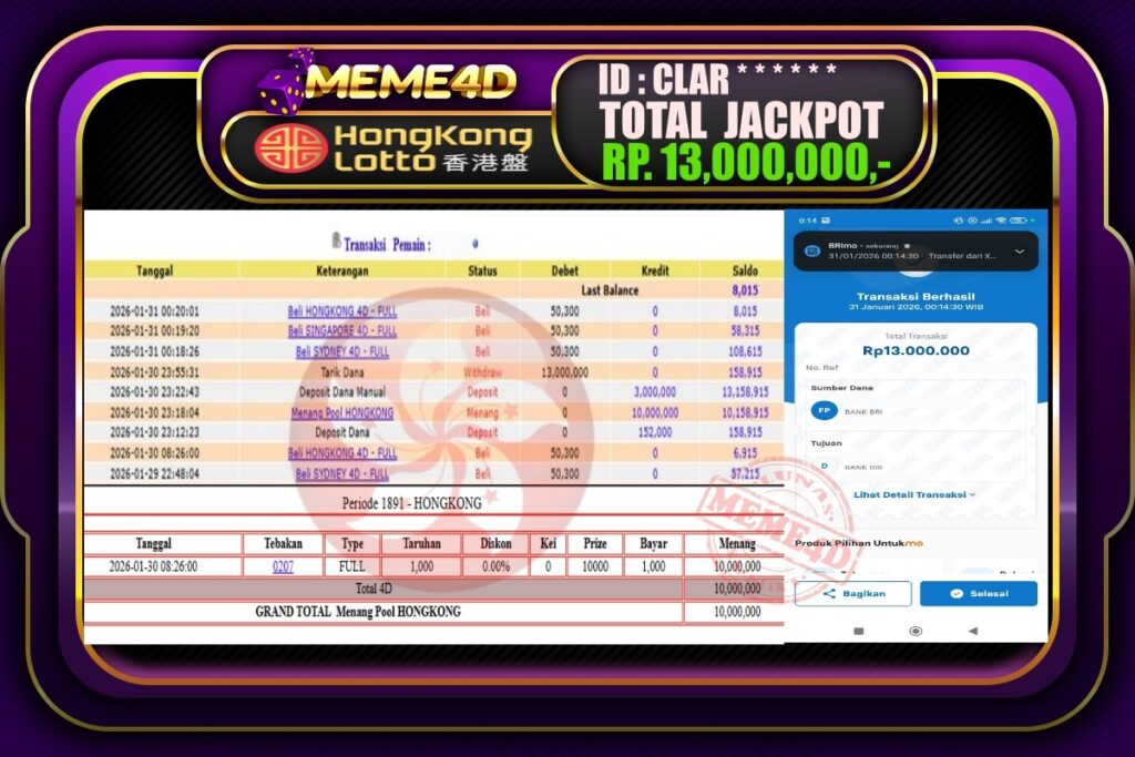 Bukti Jp MEME4D Togel Online 31 Januari 2026