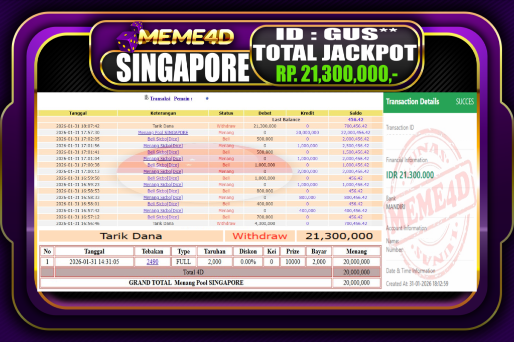 Bukti Jp MEME4D Togel Online 31 Januari 2026