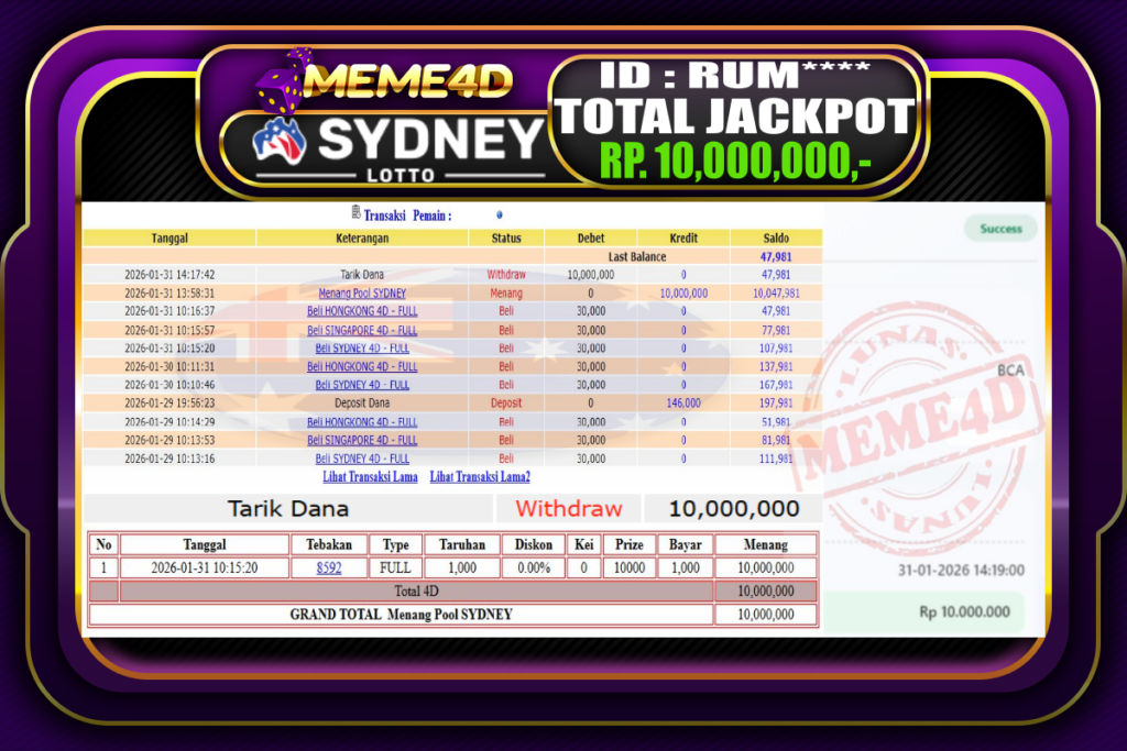Bukti Jp MEME4D Togel Online 31 Januari 2026