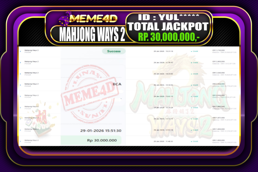 Bukti Jp MEME4D Slot Online 29 Januari 2026