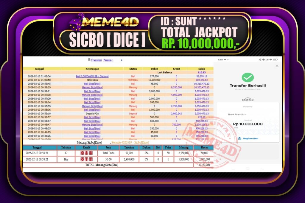 Bukti Jp MEME4D Casino Online 13 February 2026