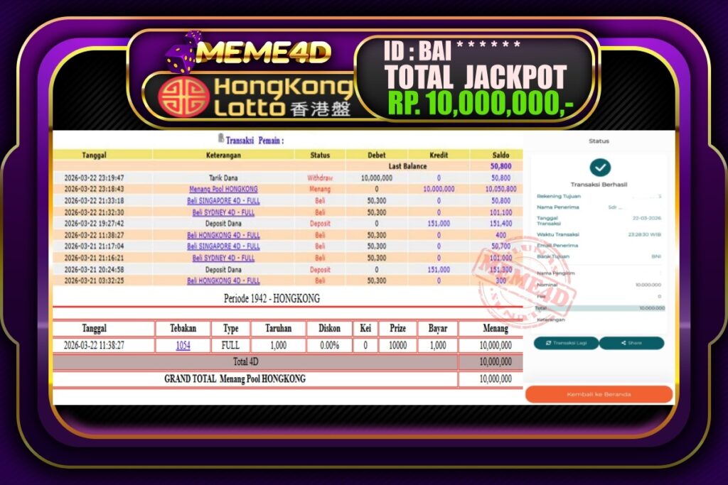 Bukti Jp MEME4D Togel Online 23 March 2026