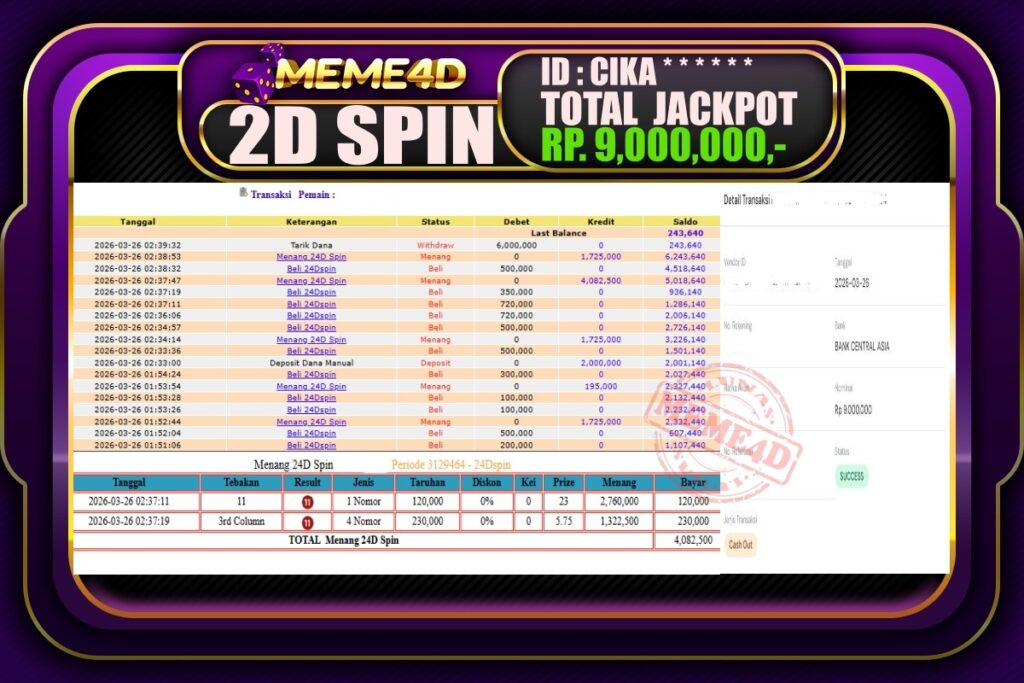 Bukti Jp MEME4D Casino Online 26 March 2026