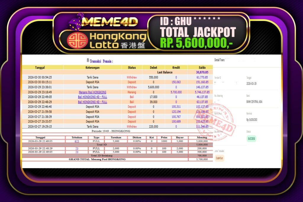 Bukti Jp MEME4D Togel Online 30 March 2026