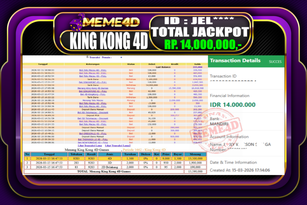Bukti Jp MEME4D Togel Online 15 March 2026