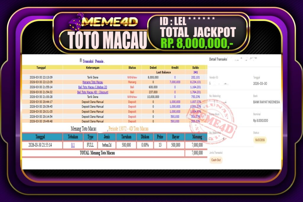 Bukti Jp MEME4D Togel Online 31 March 2026