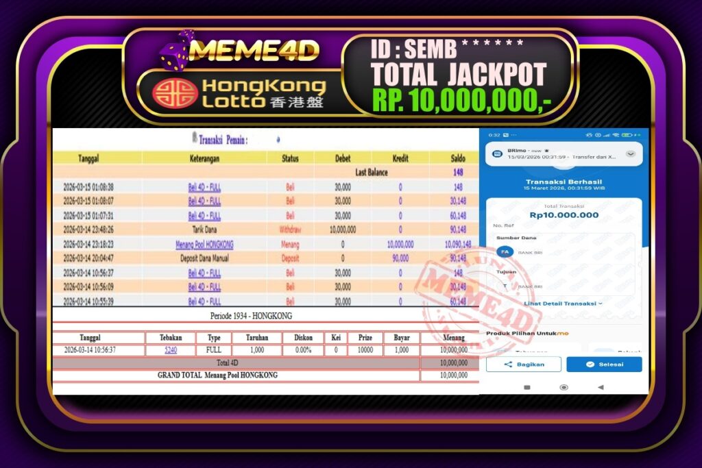 Bukti Jp MEME4D Togel Online 15 March 2026