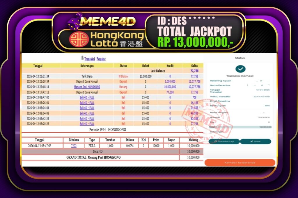 Bukti Jp MEME4D Togel Online 14 April 2026