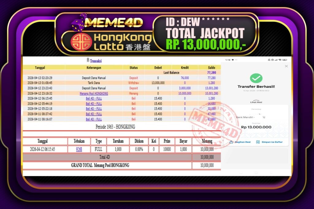 Bukti Jp MEME4D Togel Online 13 April 2026