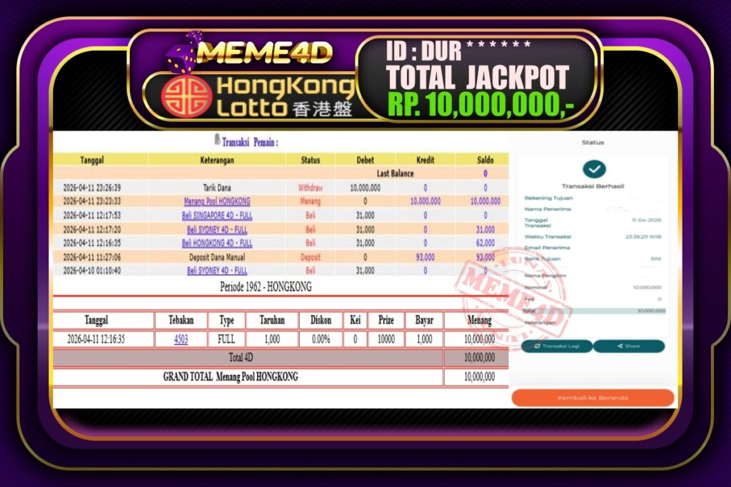 Bukti Jp MEME4D Togel Online 12 April 2026