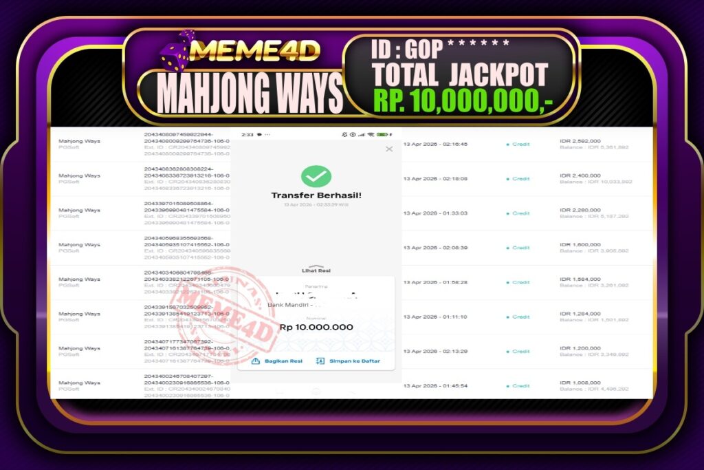 Bukti Jp MEME4D Slot Online 13 April 2026