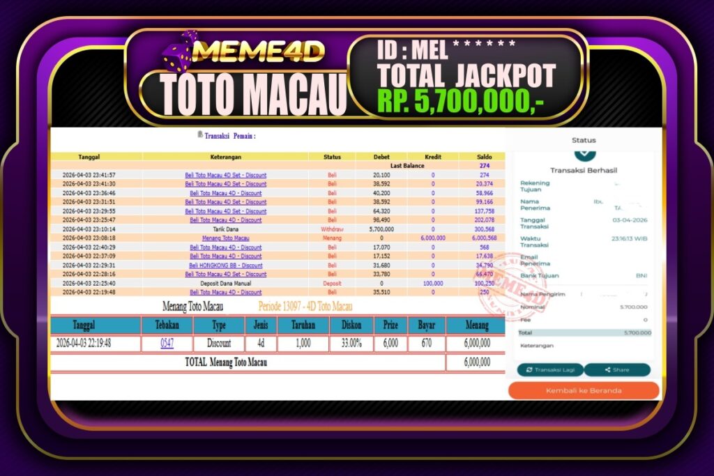 Bukti Jp MEME4D Togel Online 04 April 2026