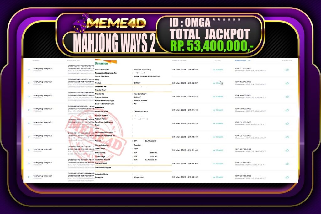 Bukti Jp MEME4D Slot Online 01 April 2026