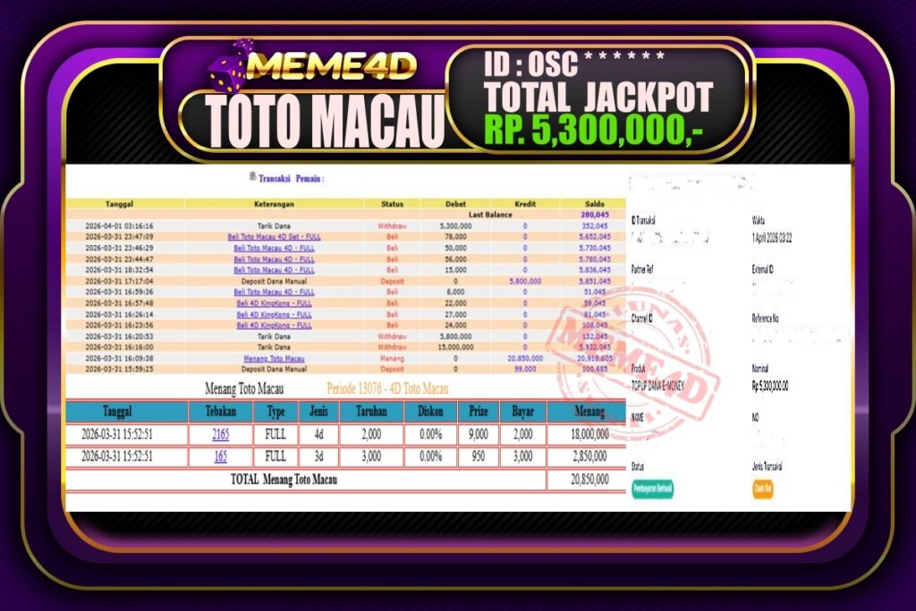 Bukti Jp MEME4D Togel Online 01 April 2026