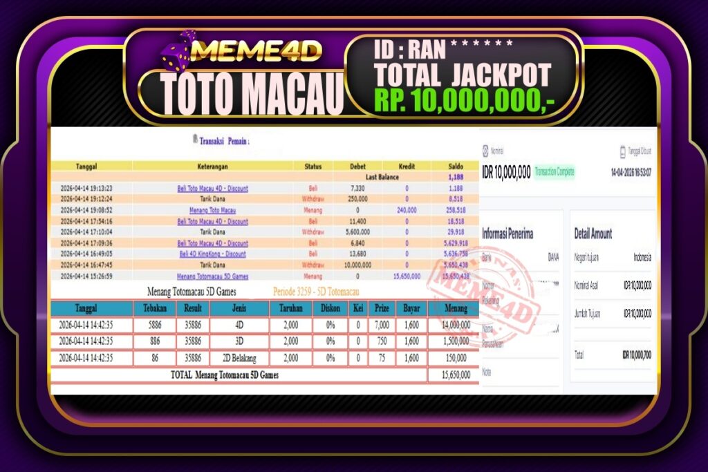 Bukti Jp MEME4D Togel Online 15 April 2026