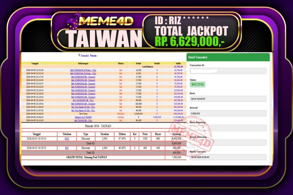 Bukti Jp MEME4D Togel Online 06 April 2026