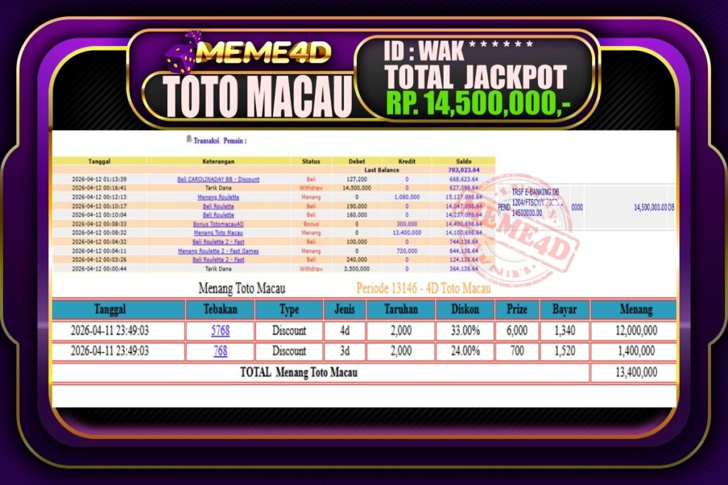 Bukti Jp MEME4D Togel Online 12 April 2026